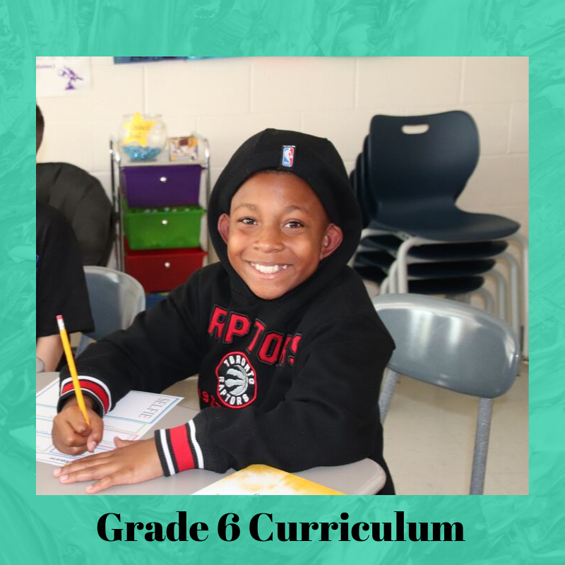 Picture of student with text "Grade 6 Curriculum" hyperlinked to curriculum document.