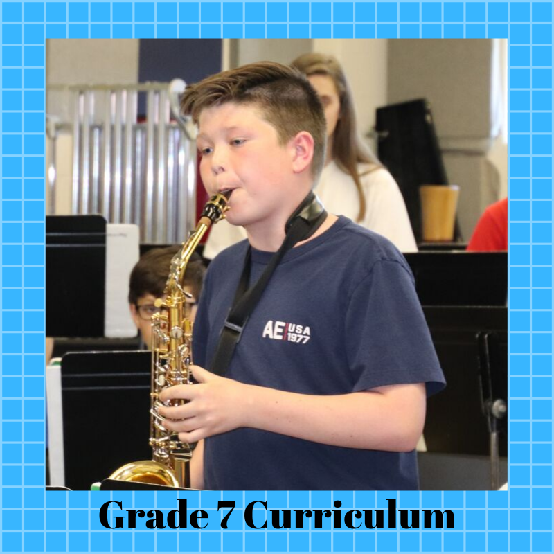 Picture of student with text "Grade 7 Curriculum" hyperlinked to curriculum document.