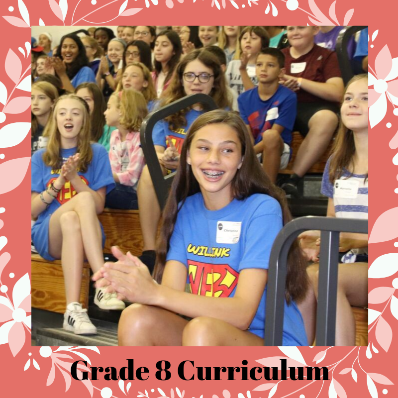 Picture of student with text "Grade 8 Curriculum" hyperlinked to curriculum document.