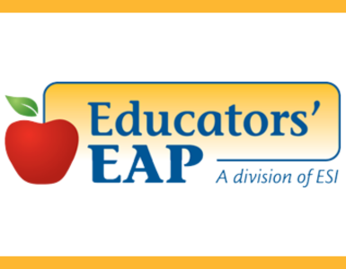 Educators Employee Assistance Program in blue letters next to a red cartoon apple.