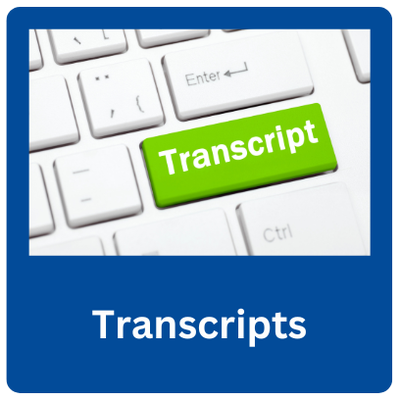 A closeup of a keyboard with the key Transcript in green linked to the Transcripts web page.
