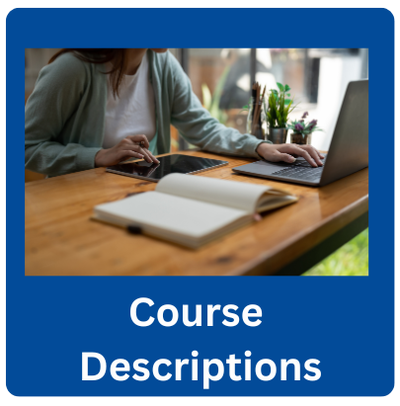 An image of a book and a lap with link to Course Descriptions.