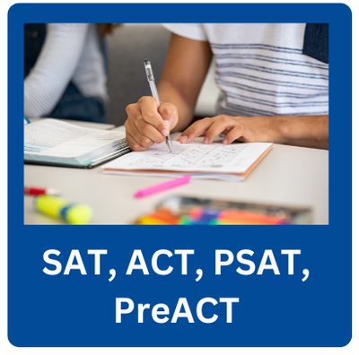 A picture of a hand writing on paper with a link to SAT, ACT, PSAT, PreACT.