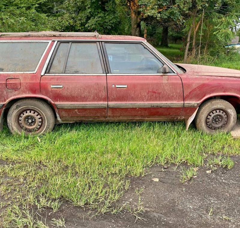 Filthy, rusted red wagon in a field.