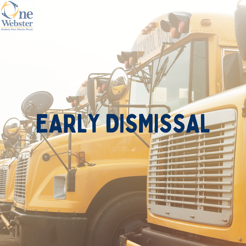 A photo of school buses lined up with the words Early Dismissal over it.