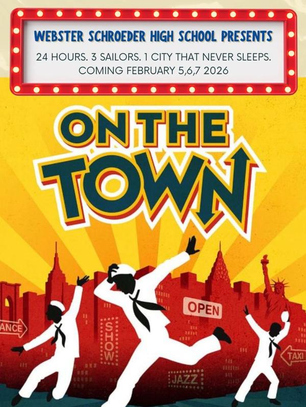 Poster of sailers dancing in front of a city backdrop.