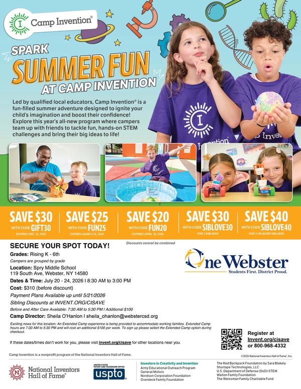Camp Invention flyer with pictures of children engaged in hands-on STEM activities.