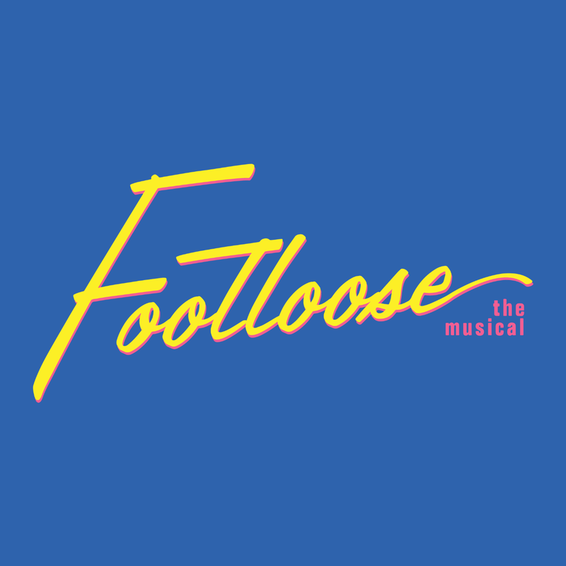 The word Footloose in neon yellow outlined in hot pink on a sky blue background