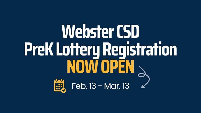 Navy box with text that reads, "Webster CSD PreK Lottery Registration NOW OPEN"