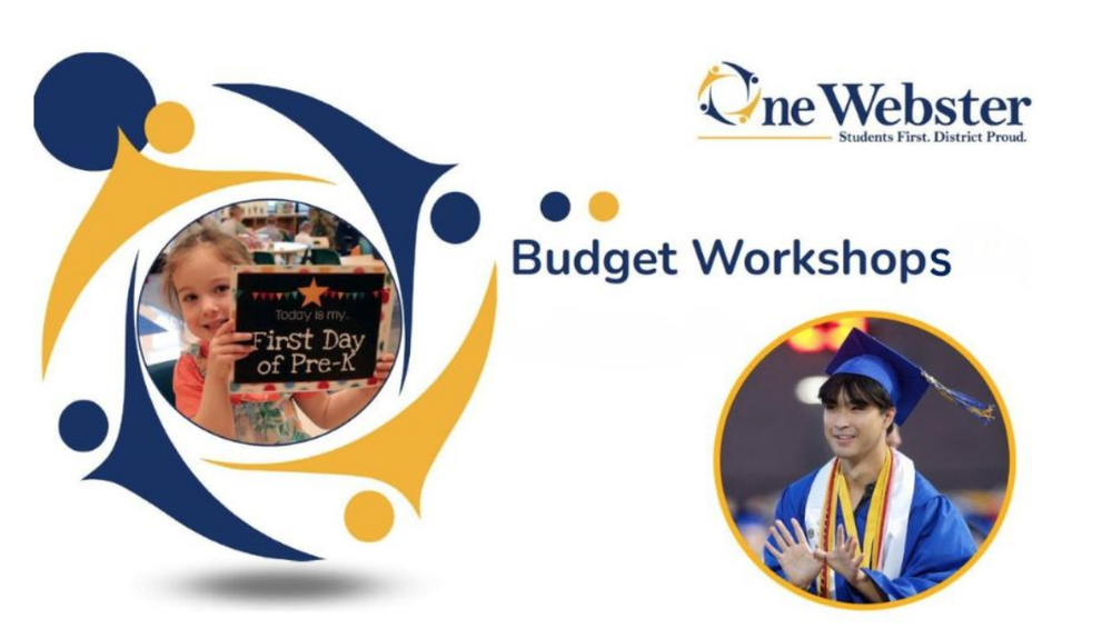 The words One Webster Budget Workshops over a photo of a small child holding a sign that reads 'First Day of Pre-K' and another photo of a teen in graduation attire waving.