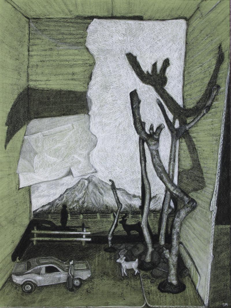 charcoal drawing of a diorama that includes a car, a stag and three dead trees.