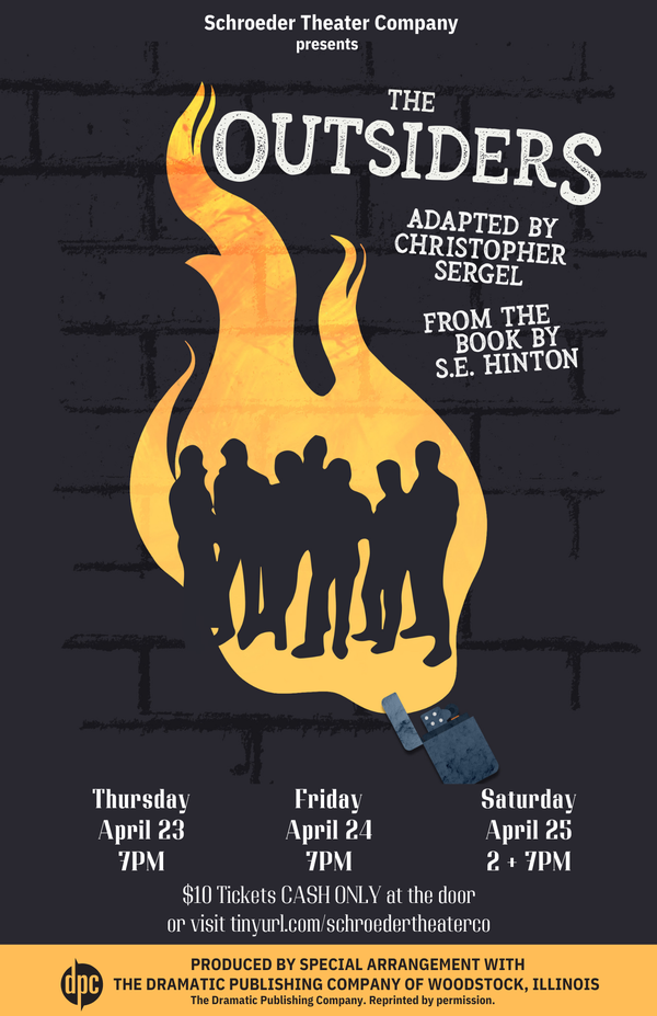 Text poster with info contained in story plus a silhoutte of teens over an image of a flame.