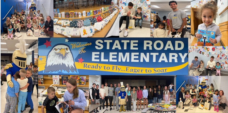 Photo collage of preschoolers and teens looking at books and bookbags.